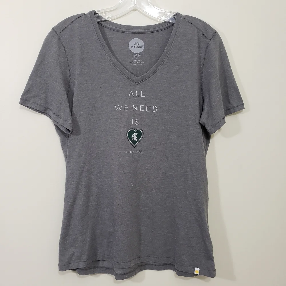 Life is good Michigan State Spartans v-neck graphic t-shirt woman's size medium - Picture 1 of 7